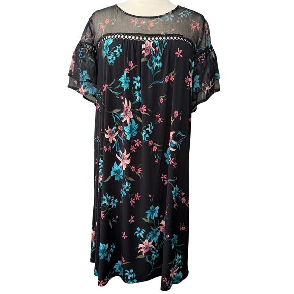 CeCe Expressive Lillies Ruffle Sleeve Mixed Media Black Floral Minidress Sz 1x - Picture 3 of 13